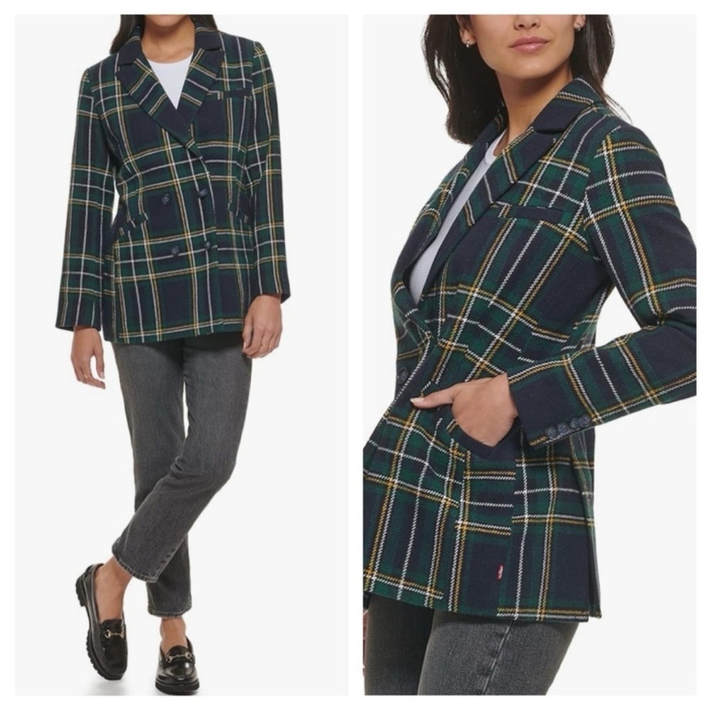 Levi's green yellow black window pane wool double breasted blazer jacket size XS